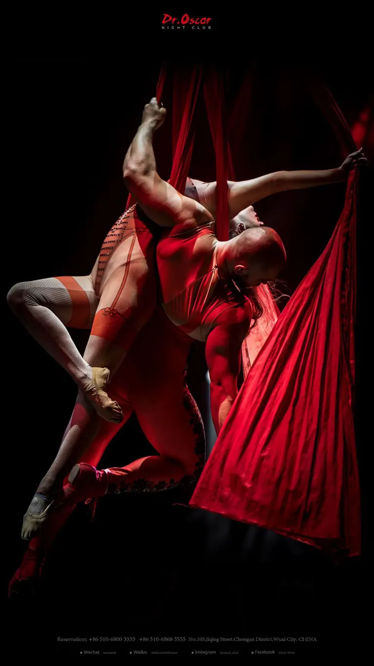Aerial silks duo suspended in red fabric