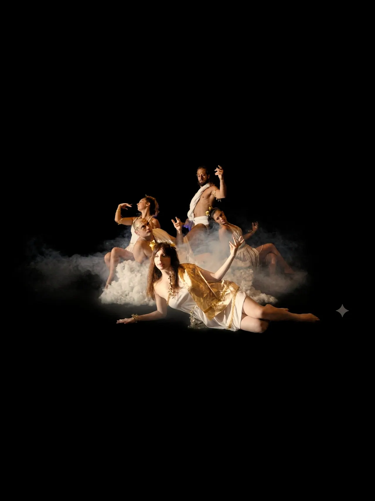 Eros Cabaret company in gold and white costumes on a cloud set