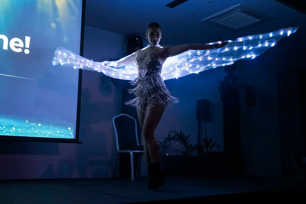 LED wings dance act performing in a hotel ballroom
